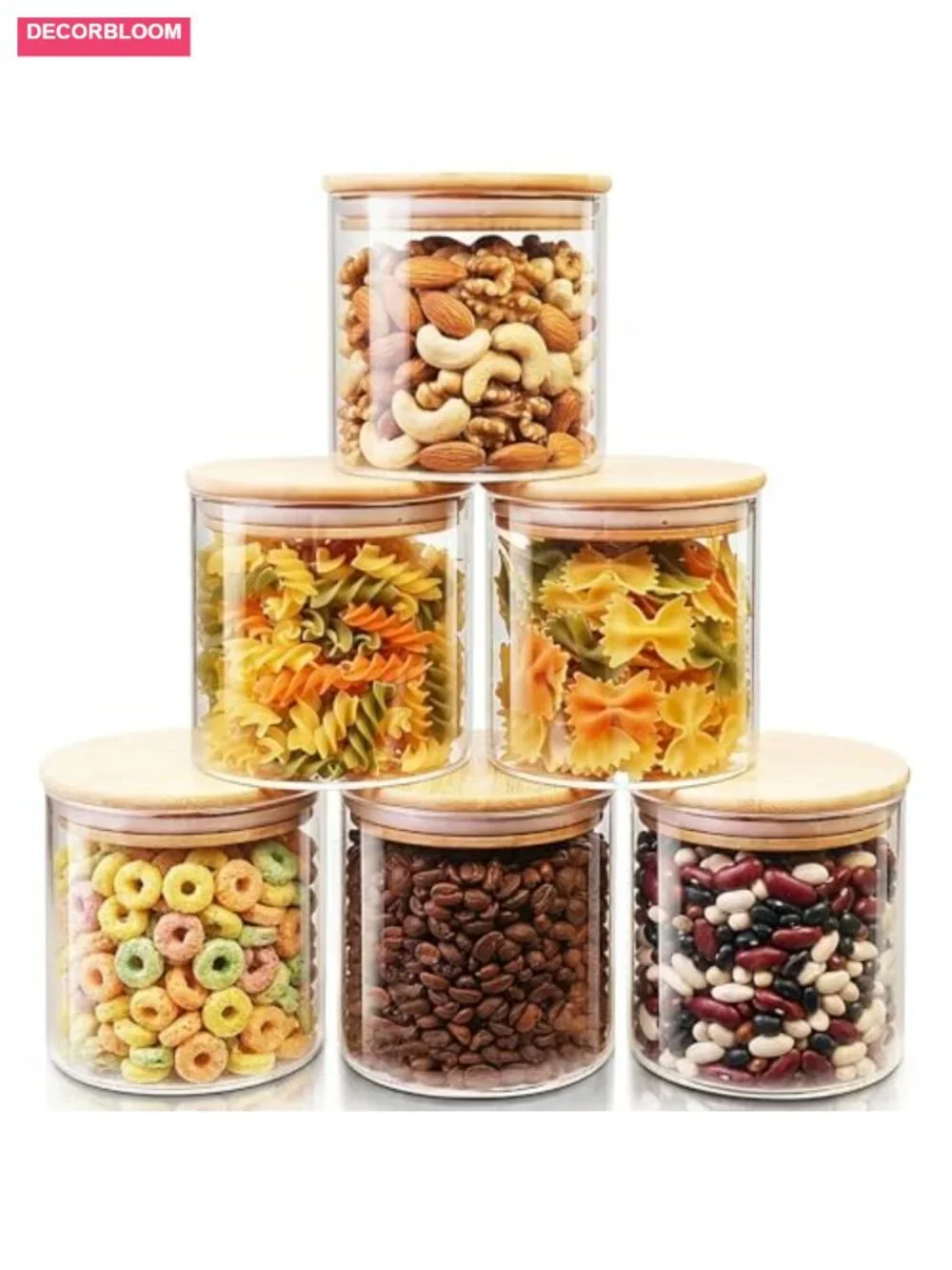 Set of 6 Glass Jars with Bamboo Lids, Airtight Food Storage Canisters, 27 oz